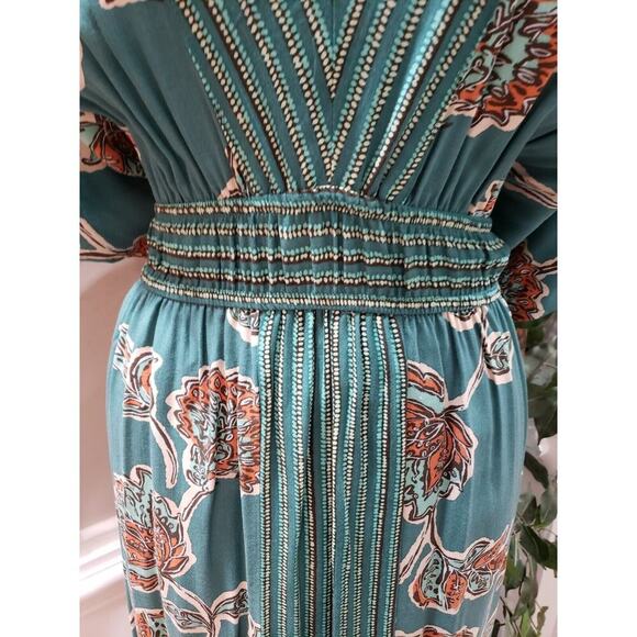 Knox Rose Women's Multi Floral Pleated V Neck Short Sleeve Long Maxi Dress Small - Picture 4 of 16